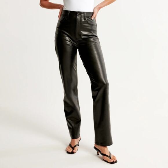 Abercrombie & Fitch 90s Straight Ultra High Rise Curve Love Pants Vegan Leather - Picture 1 of 13
